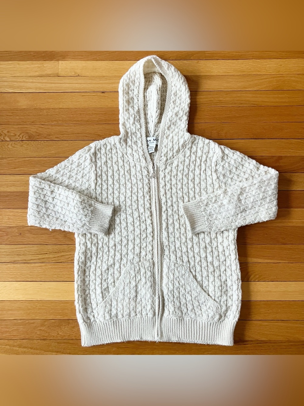 Aran Mor Cream 100% Merino Wool Cable Knit Ireland Zipper Hoodie Sweater Medium